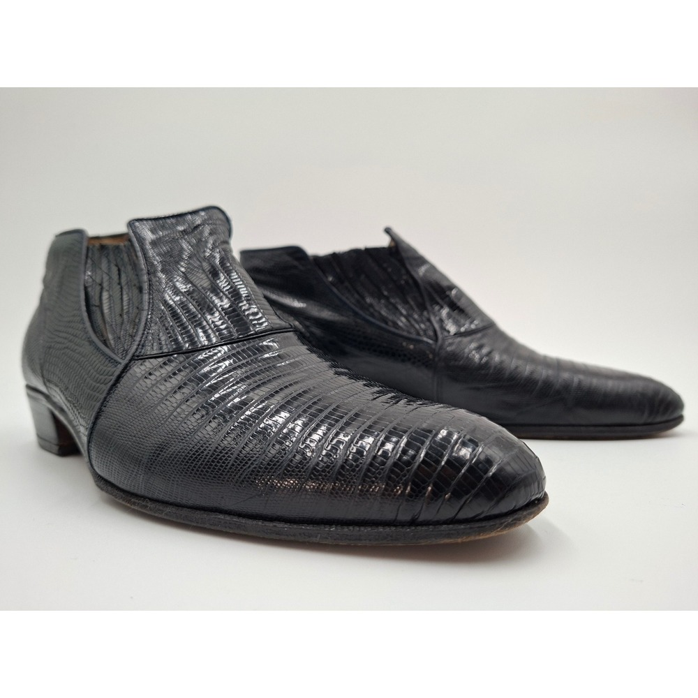 Vintage Black Lizard Skin Loafers Mens Size 8 M Exotic Leather Slip On Shoes